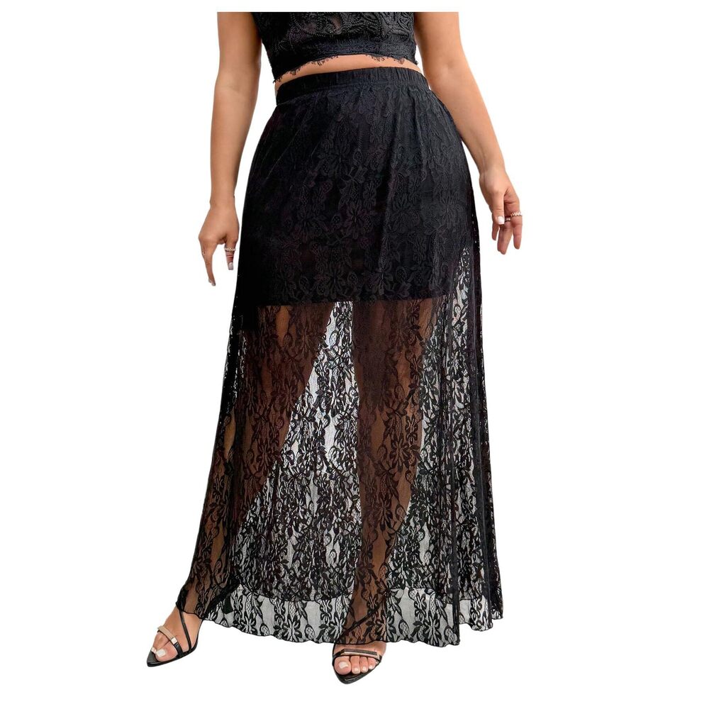 7691 Plus Size Floral Lace Sheer Long Skirts High Rise A Line Flowy Skirt